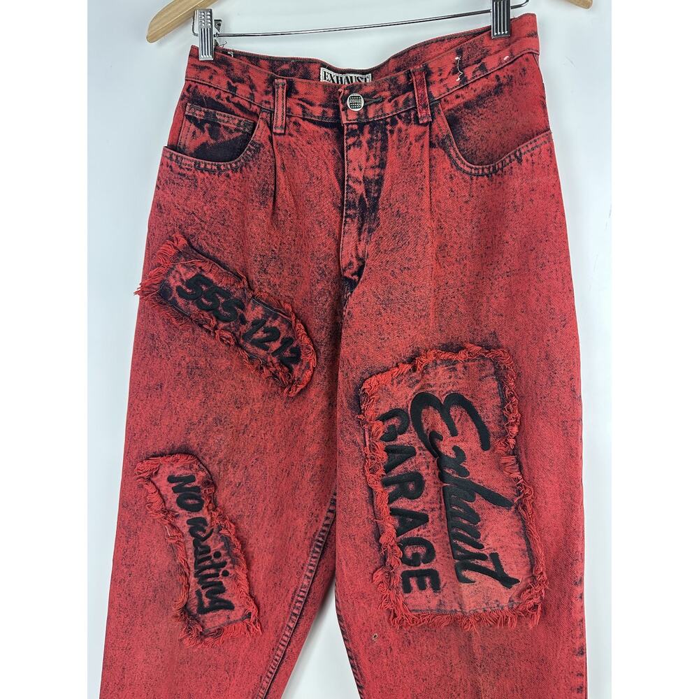 Vtg 90's Exhaust Red Acid Wash Graphic Denim Jeans Grunge Punk Size 31 *Flawed - Picture 3 of 16